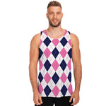 White Blue And Pink Argyle Pattern Print Men's Tank Top