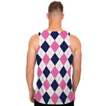 White Blue And Pink Argyle Pattern Print Men's Tank Top