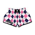 White Blue And Pink Argyle Pattern Print Muay Thai Boxing Shorts