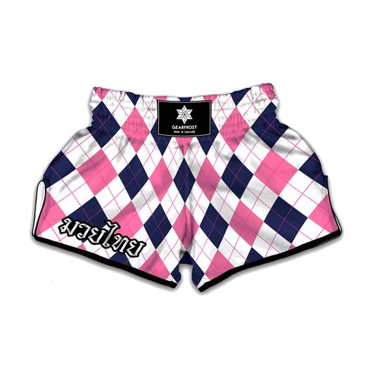 White Blue And Pink Argyle Pattern Print Muay Thai Boxing Shorts