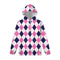 White Blue And Pink Argyle Pattern Print Pullover Hoodie