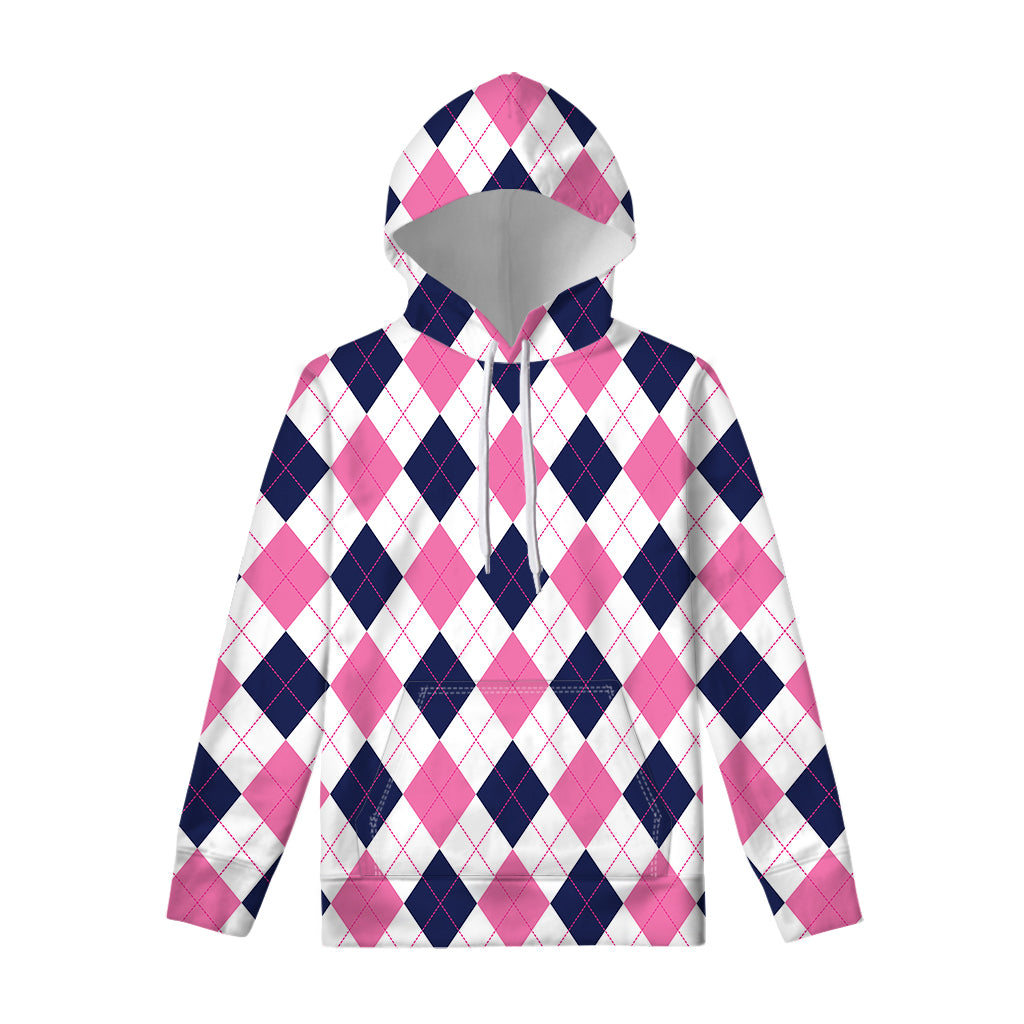 White Blue And Pink Argyle Pattern Print Pullover Hoodie