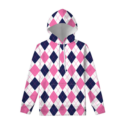 White Blue And Pink Argyle Pattern Print Pullover Hoodie
