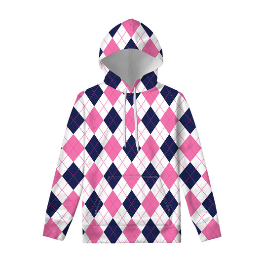 White Blue And Pink Argyle Pattern Print Pullover Hoodie