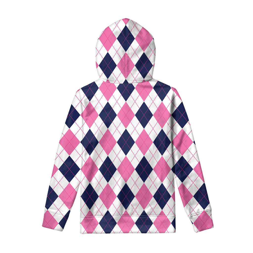 White Blue And Pink Argyle Pattern Print Pullover Hoodie
