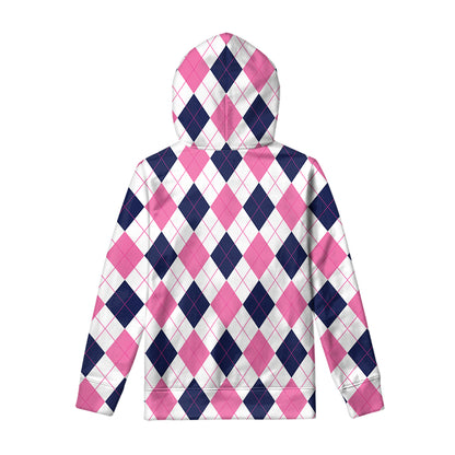 White Blue And Pink Argyle Pattern Print Pullover Hoodie