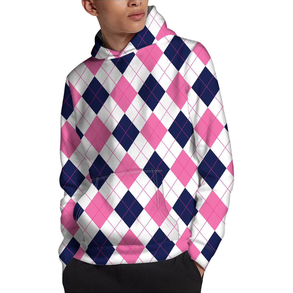 White Blue And Pink Argyle Pattern Print Pullover Hoodie