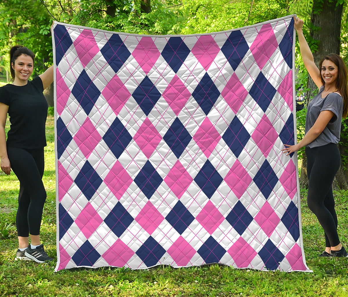 White Blue And Pink Argyle Pattern Print Quilt