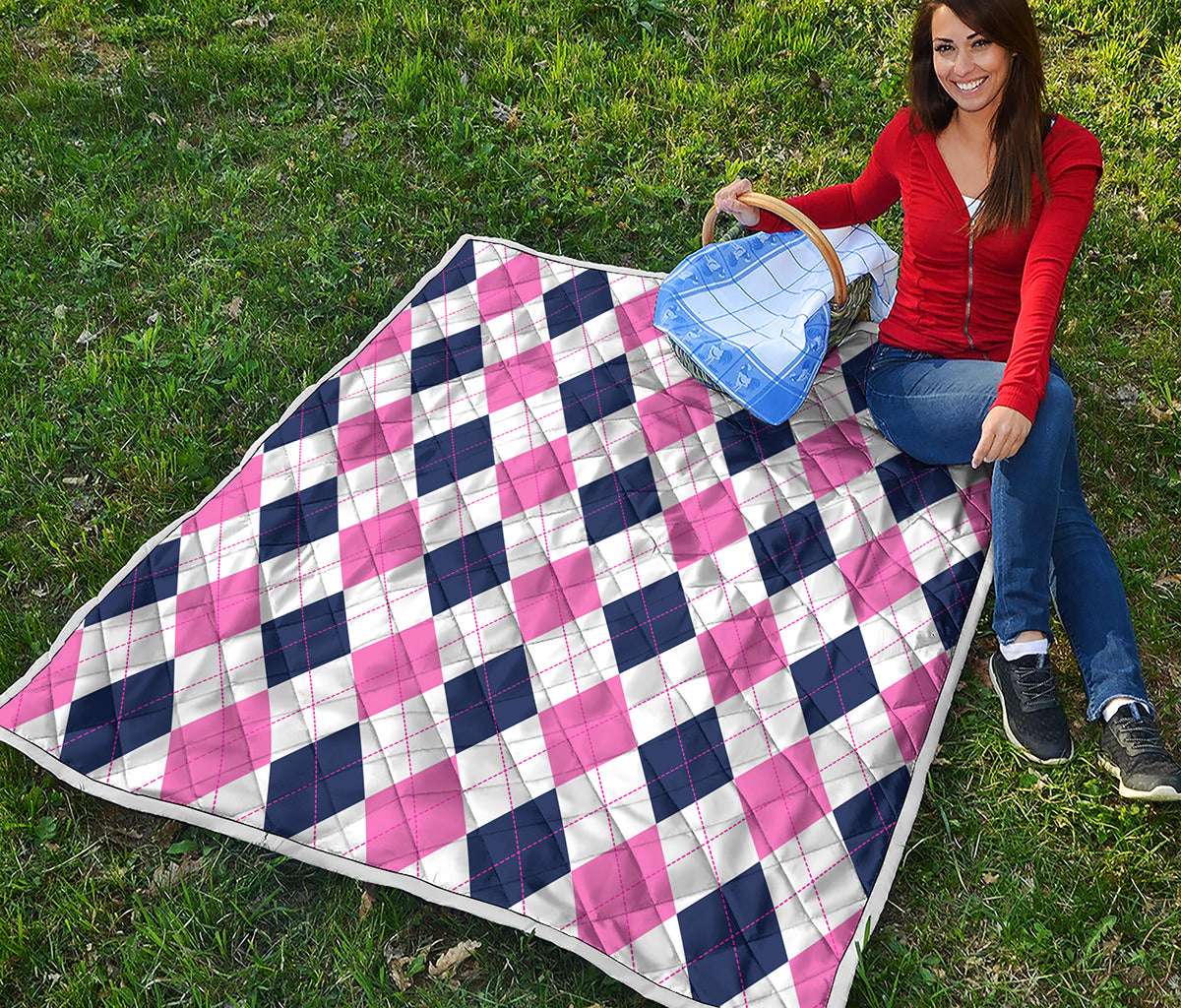 White Blue And Pink Argyle Pattern Print Quilt