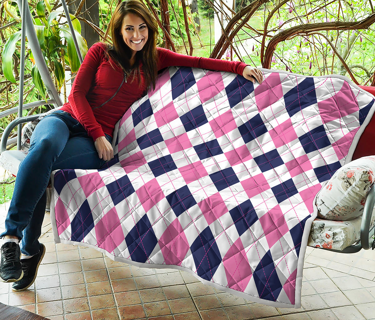 White Blue And Pink Argyle Pattern Print Quilt