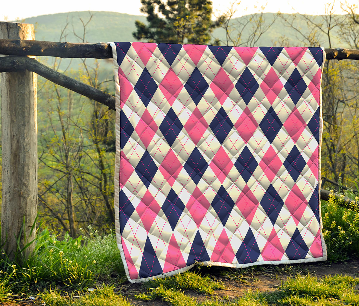 White Blue And Pink Argyle Pattern Print Quilt