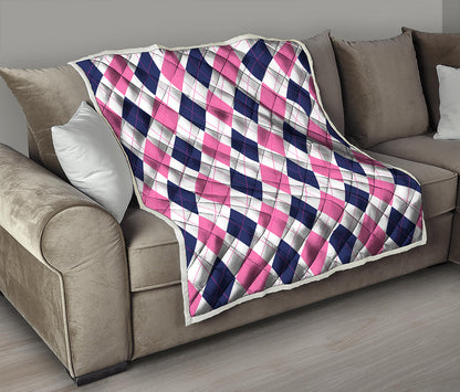 White Blue And Pink Argyle Pattern Print Quilt