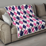 White Blue And Pink Argyle Pattern Print Quilt