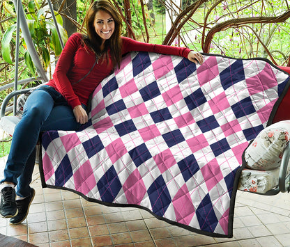 White Blue And Pink Argyle Pattern Print Quilt
