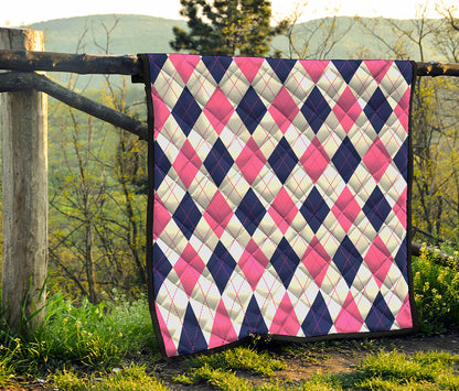 White Blue And Pink Argyle Pattern Print Quilt