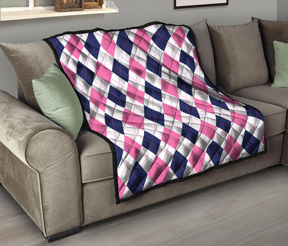 White Blue And Pink Argyle Pattern Print Quilt
