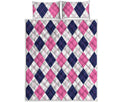 White Blue And Pink Argyle Pattern Print Quilt Bed Set