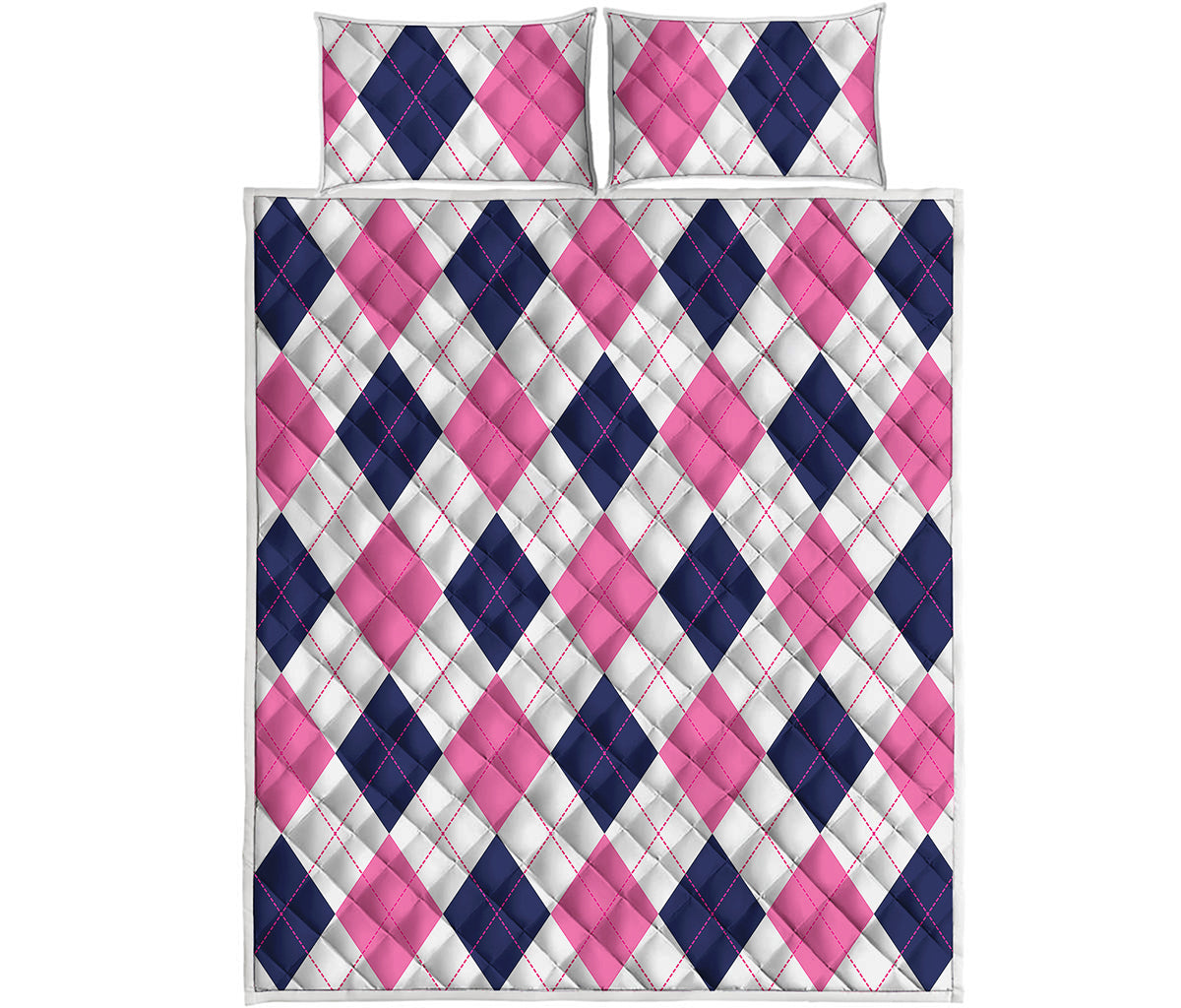 White Blue And Pink Argyle Pattern Print Quilt Bed Set