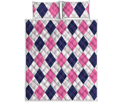 White Blue And Pink Argyle Pattern Print Quilt Bed Set
