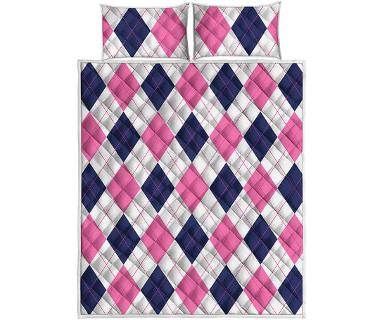 White Blue And Pink Argyle Pattern Print Quilt Bed Set