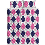 White Blue And Pink Argyle Pattern Print Quilt Bed Set