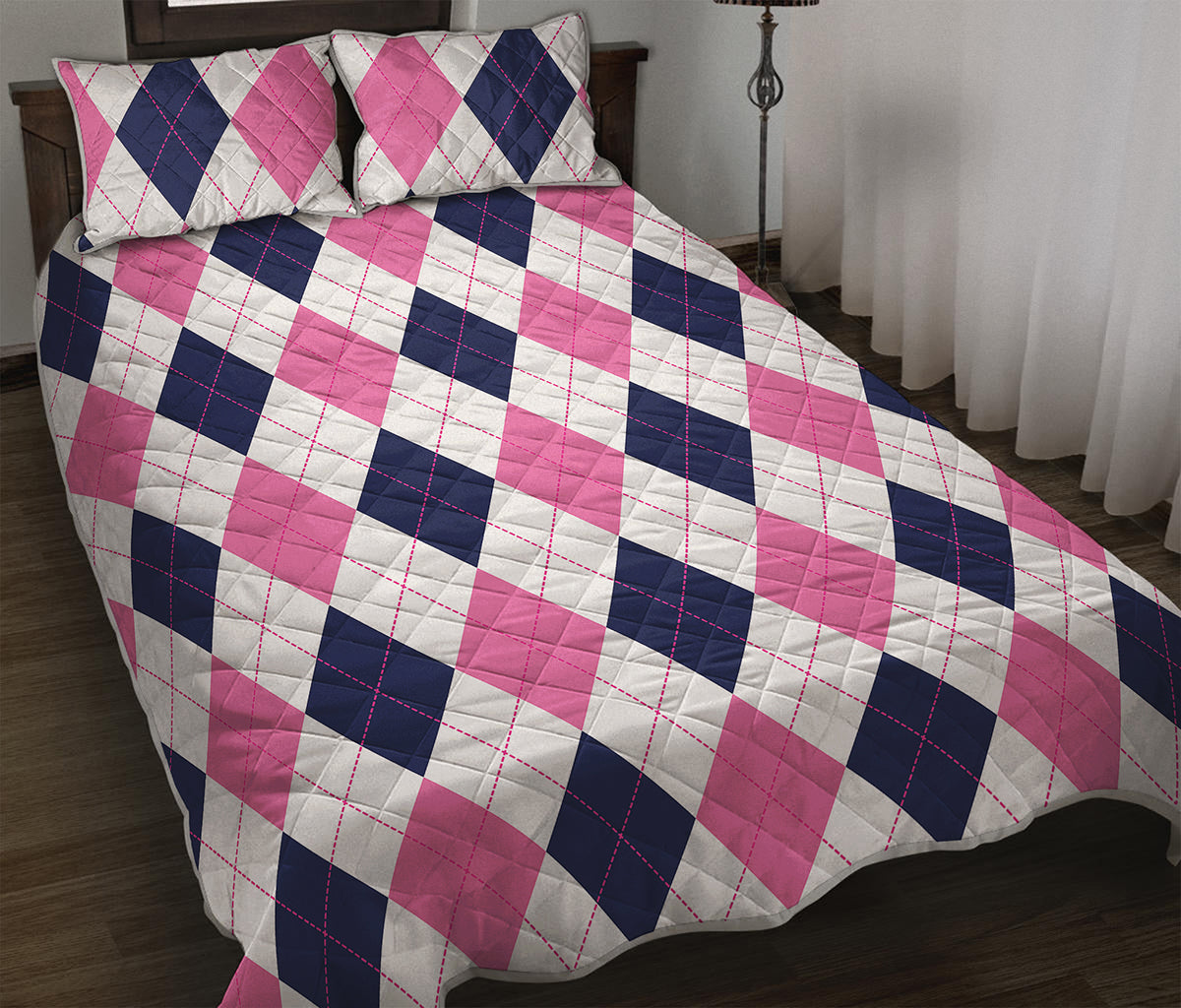 White Blue And Pink Argyle Pattern Print Quilt Bed Set