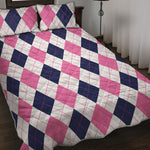 White Blue And Pink Argyle Pattern Print Quilt Bed Set