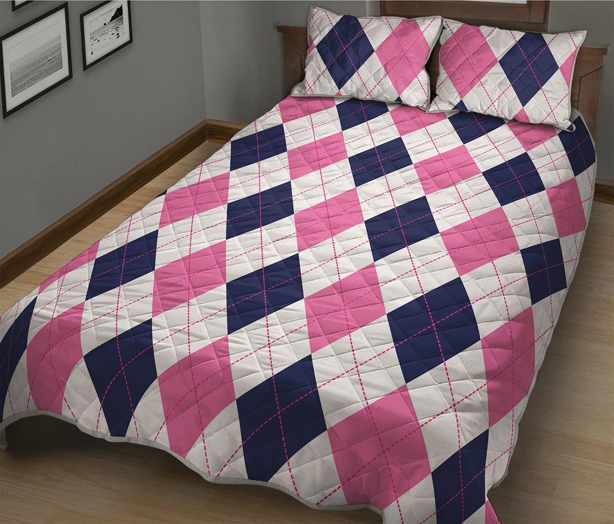 White Blue And Pink Argyle Pattern Print Quilt Bed Set
