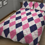 White Blue And Pink Argyle Pattern Print Quilt Bed Set