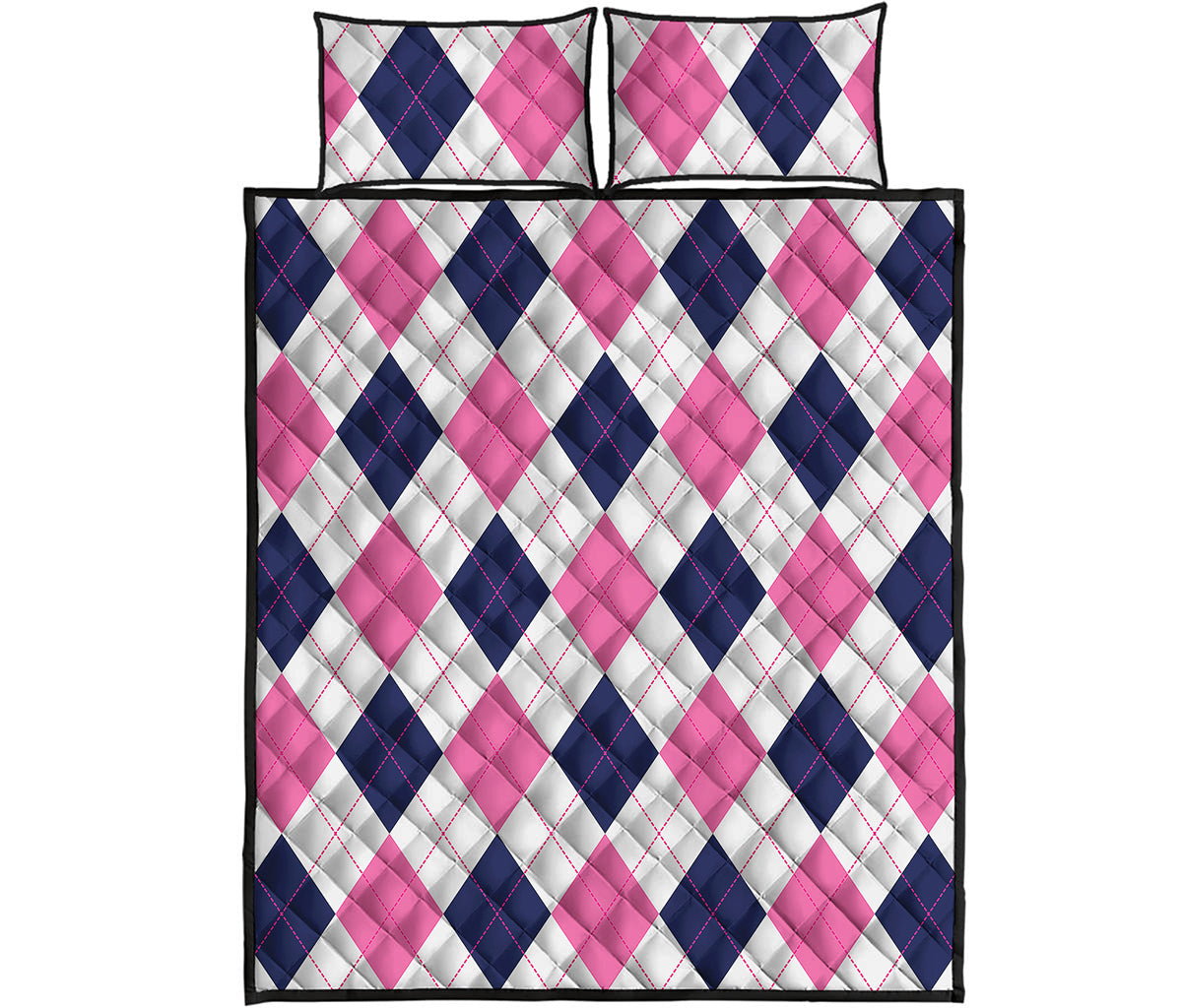 White Blue And Pink Argyle Pattern Print Quilt Bed Set