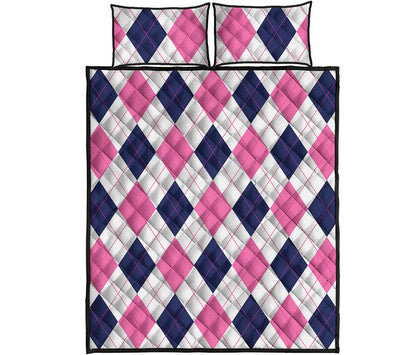 White Blue And Pink Argyle Pattern Print Quilt Bed Set