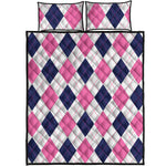 White Blue And Pink Argyle Pattern Print Quilt Bed Set
