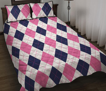 White Blue And Pink Argyle Pattern Print Quilt Bed Set