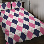 White Blue And Pink Argyle Pattern Print Quilt Bed Set