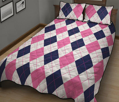 White Blue And Pink Argyle Pattern Print Quilt Bed Set