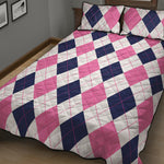 White Blue And Pink Argyle Pattern Print Quilt Bed Set