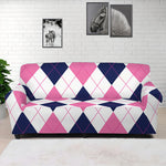 White Blue And Pink Argyle Pattern Print Sofa Cover