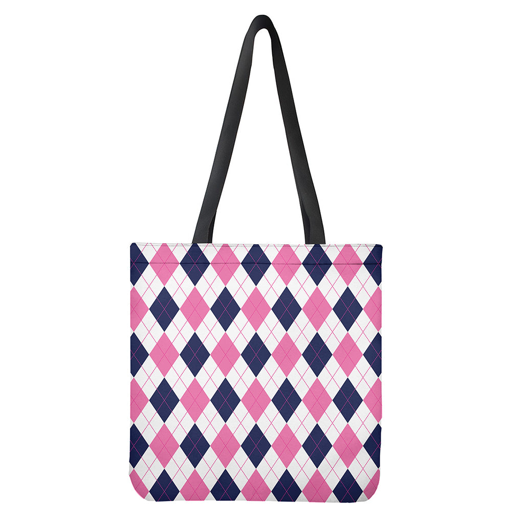 White Blue And Pink Argyle Pattern Print Tote Bag
