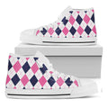 White Blue And Pink Argyle Pattern Print White High Top Sneakers