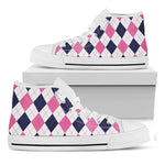 White Blue And Pink Argyle Pattern Print White High Top Shoes