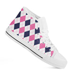 White Blue And Pink Argyle Pattern Print White High Top Shoes