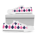 White Blue And Pink Argyle Pattern Print White Low Top Sneakers