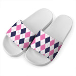 White Blue And Pink Argyle Pattern Print White Slide Sandals
