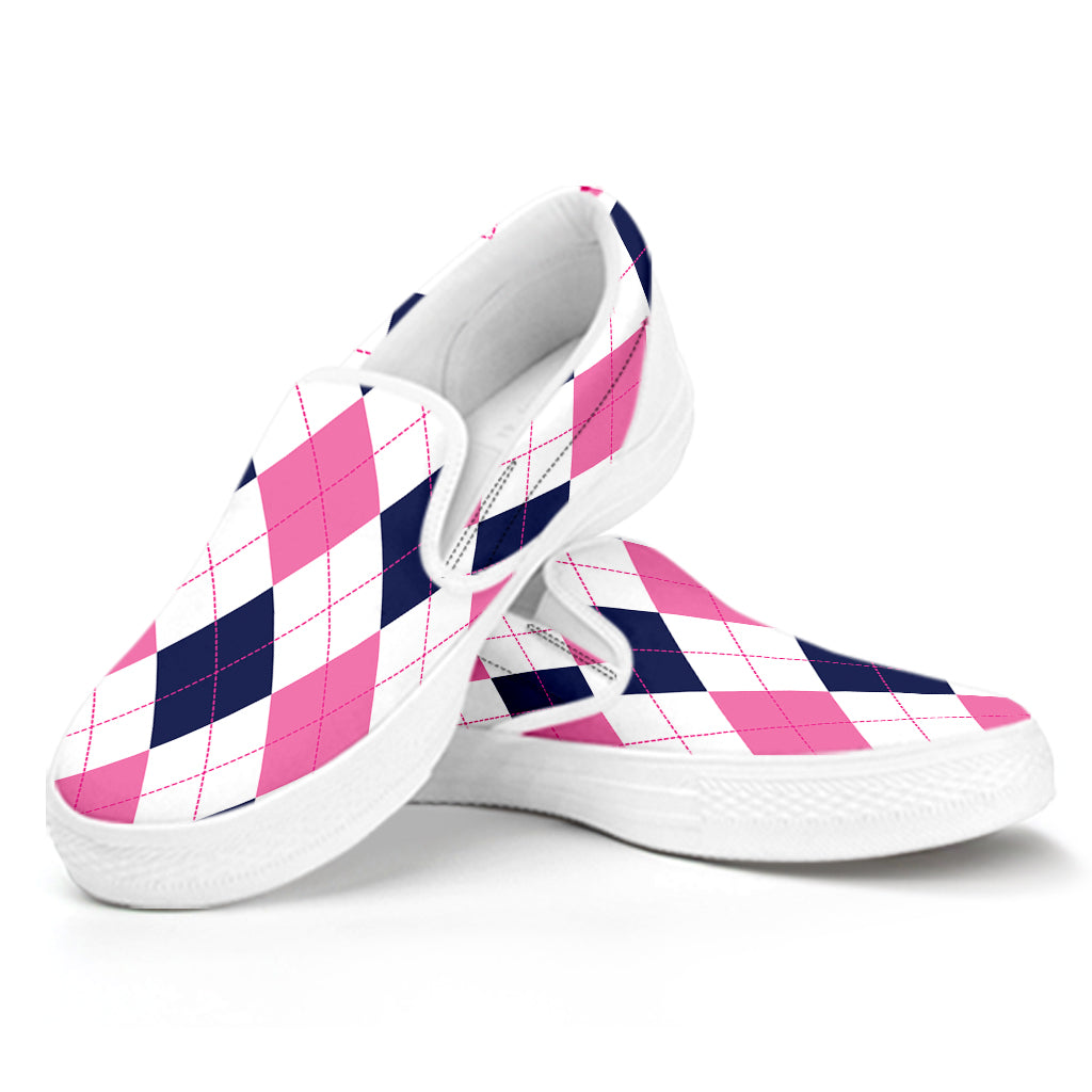 White Blue And Pink Argyle Pattern Print White Slip On Shoes
