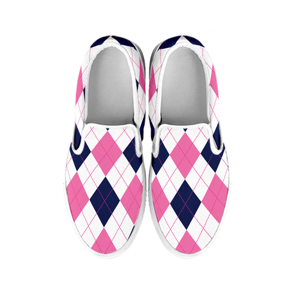 White Blue And Pink Argyle Pattern Print White Slip On Shoes