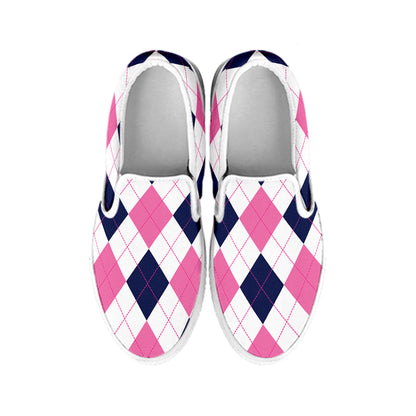 White Blue And Pink Argyle Pattern Print White Slip On Shoes