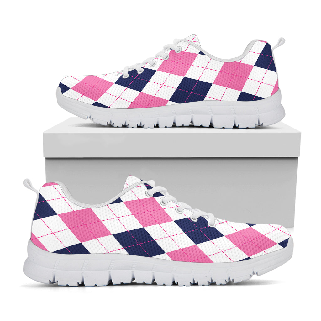 White Blue And Pink Argyle Pattern Print White Sneakers