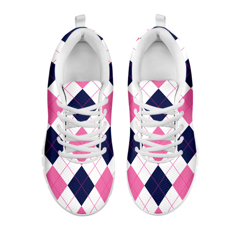 White Blue And Pink Argyle Pattern Print White Sneakers