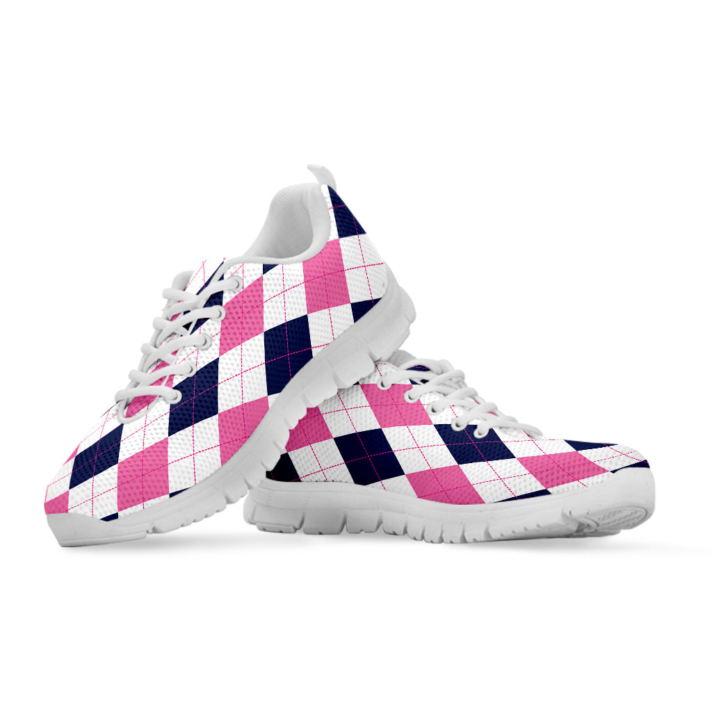 White Blue And Pink Argyle Pattern Print White Sneakers