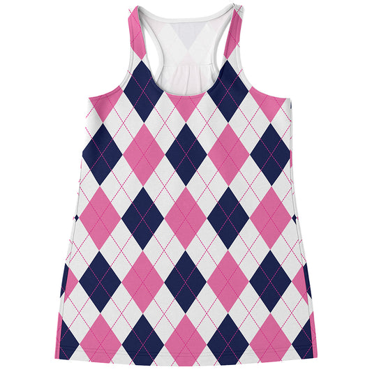 White Blue And Pink Argyle Pattern Print Women's Racerback Tank Top